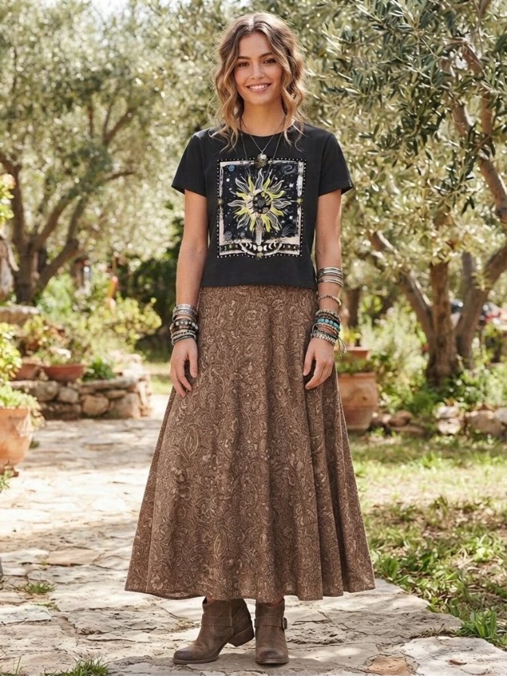 Cloud Dancer Black Celestial Sun & Moon Graphic Crop Tee - Size M